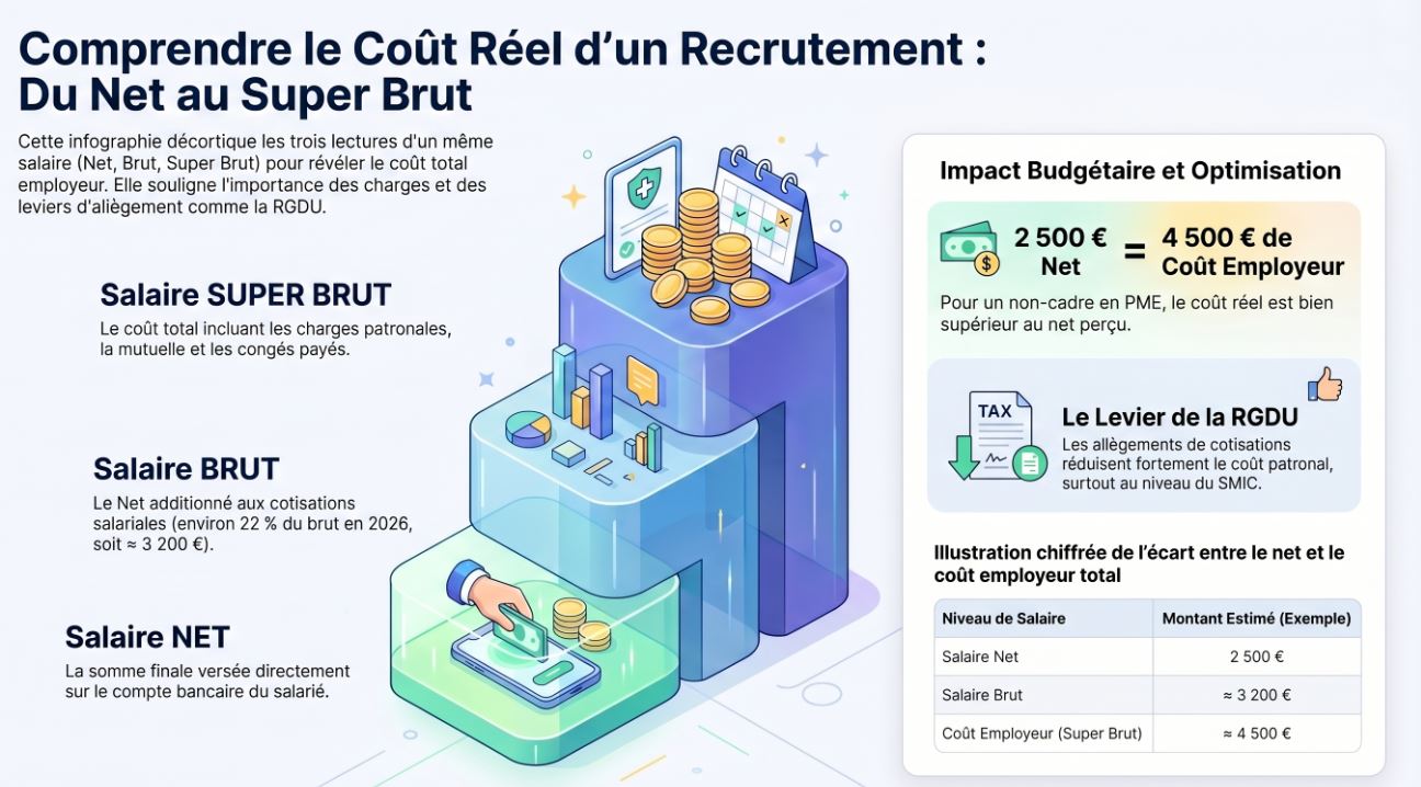 Infographie coût réel recrutement Net Brut Super Brut — Menocya Consulting
